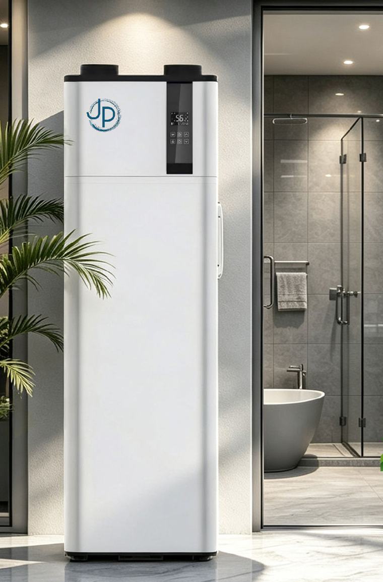 JP Brauchwasser-Wärmepumpe der Baureihe M150 in einem Hauswirtschaftsraum